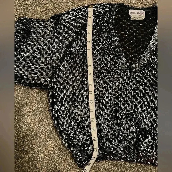 Vintage three FLAGGS SILVER BLACK SEQUIN KNIT MESH B NECK SLOUCH TOP - Picture 11 of 13